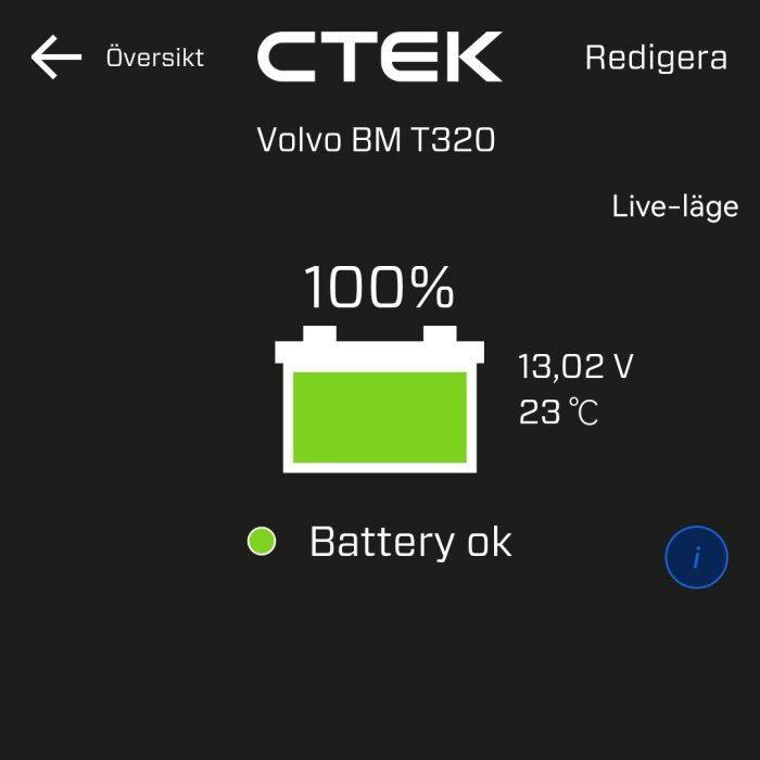 Batteriövervakningsapp, batteri 100% laddat, 13,02 V, 23°C, "Battery ok", märkt Volvo BM T320, CTEK, svart bakgrund.