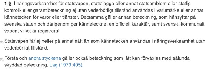 Svensk lagtext om förbud mot användning av statssymboler i näringsverksamhet utan tillstånd.