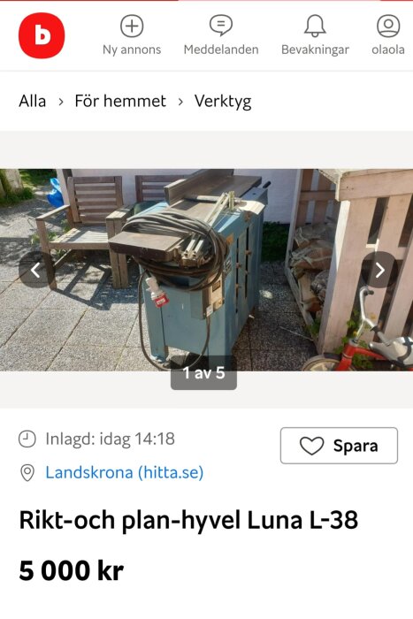 En rikt- och planhyvel Luna L-38 till salu, pris 5000 kr, utomhus på stenläggning, annons på försäljningssida.