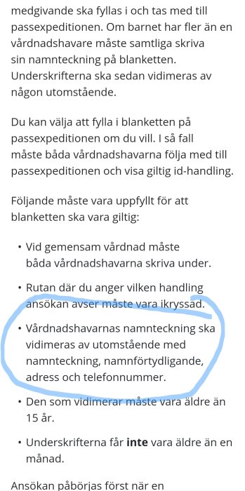 Text på svenska om regler för medgivande vid ansökan om pass för barn.