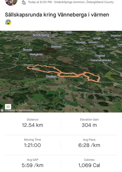 Löprunda på 12.54 km, tid: 1 timme 21 minuter, Östergötland, terrängkarta, höjdskillnad och kaloriförbränning.