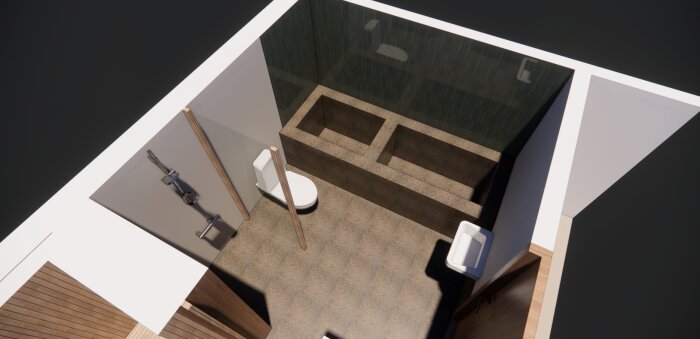 Modern badrumsdesign i fågelperspektiv, med toalett, dusch, och trädetaljer.