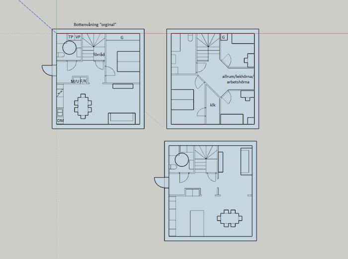 CAD-ritningar över planlösningar för bottenvåningar, inklusive möblering och rumsetiketter.