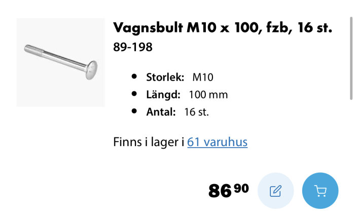 Bild på vagnsbult M10x100 mm, information om storlek, längd, antal och pris, tillgänglig i butik.