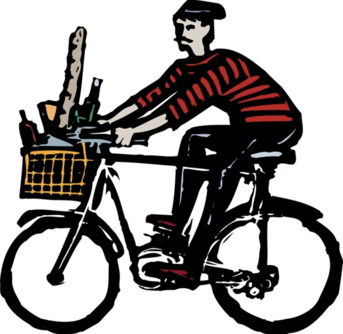 Illustration av person på cykel med korg fylld av baguette och vinflaskor, stiliserad, färgglad, konstnärlig.