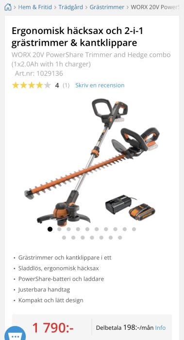 Ergonomisk trädgårdsmaskin, grästrimmer och häcksax, trådlös, med batteri och laddare, justerbara handtag, kompakt design.