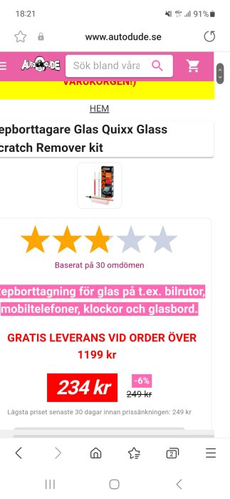 Skärmbild av en webbutik med en produkt för borttagning av repor på glas. Rabatterat pris visas.