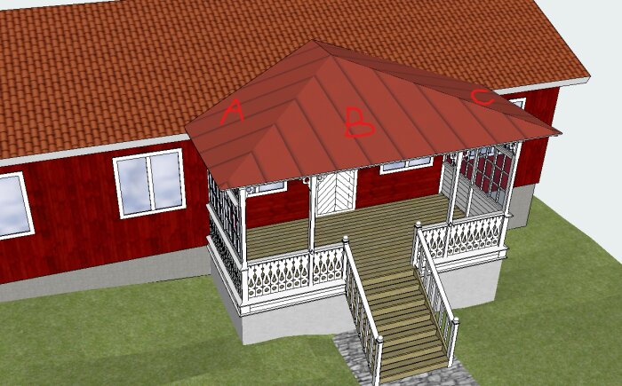 3D-modell av rött hus med veranda, tegeltak, bokstäver A, B, C, och trappsteg.