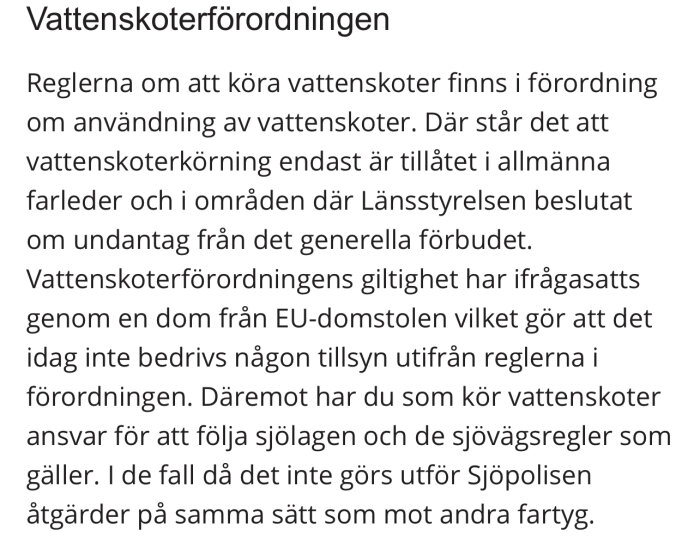 Svensk text om vattenskoterförordning, regler, och sjölagen.