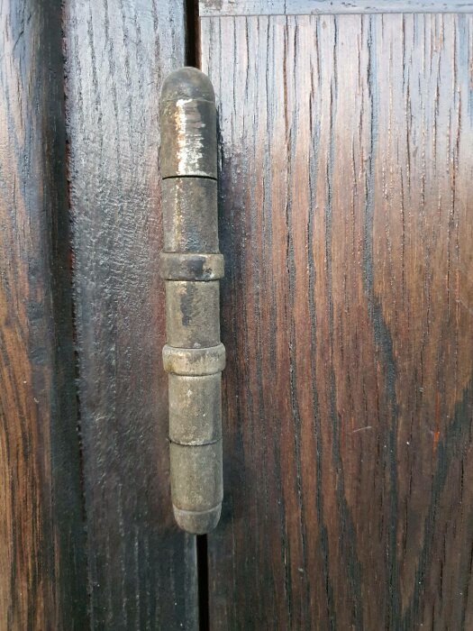 Närbild av ett rostigt metall dörrgångjärn på en mörk träyta.