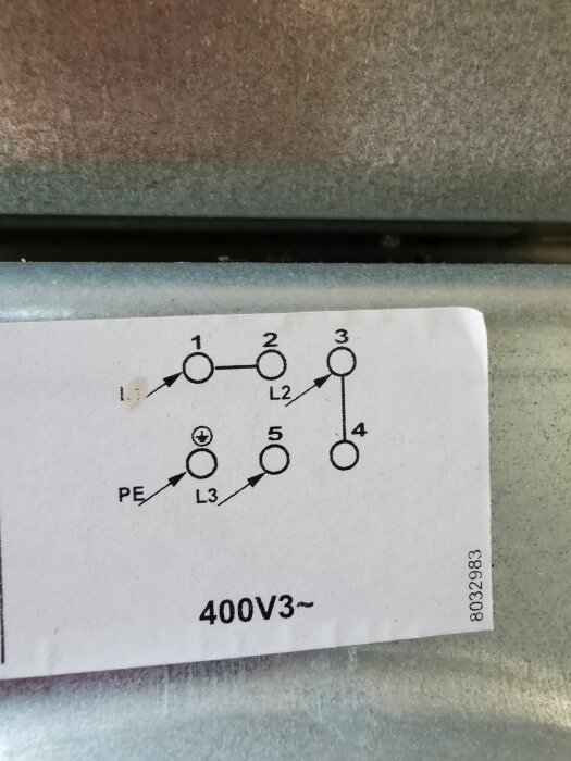 Etikett med elektrisk anslutningsschema för 400V trefasig strömkälla, delvis suddig grå bakgrund.