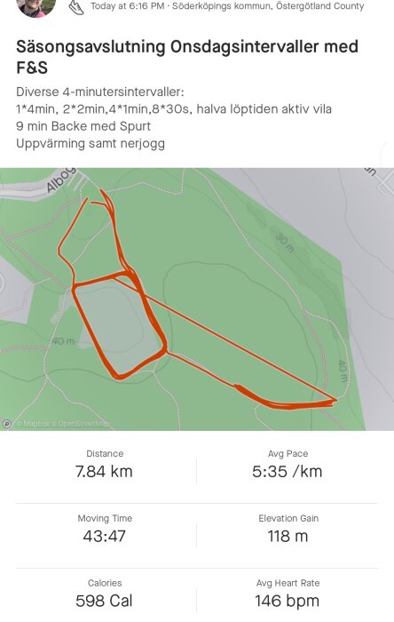 Löpaktivitet, distans 7.84 km, tid 43:47 min, kartspår, träningssammanfattning, Söderköpings kommun, intervallpass.