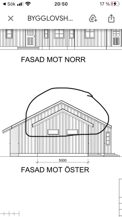 Arkitektritning, husfasader mot norr och öster, måttangivelse, svartvitt, skissad på digital enhet.