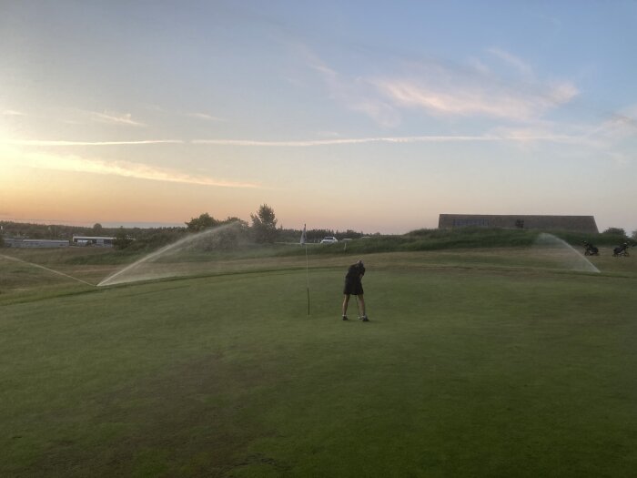 Person spelar golf, grönt gräs, vattenspridare, skymning, lugn atmosfär.