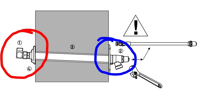 Teknisk illustration; detaljer markerade i rött och blått; varningssymbol; någon form av maskinkomponent.