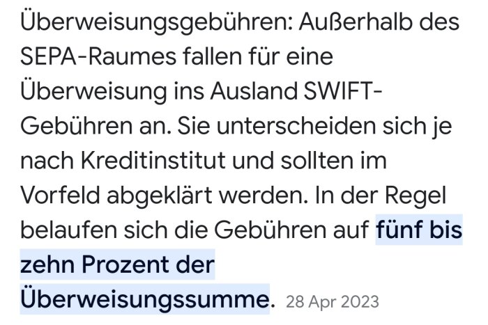 Text på tyska om banköverföringsavgifter; felstavad "fünf"; datumstämpel nedtill.