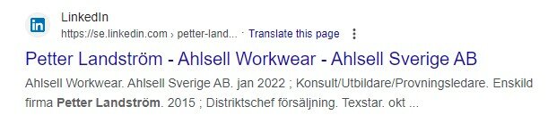 Det är en LinkedIn sökresultatsida med en profil för någon anställd på Ahlsell Workwear.