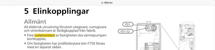 Svensk text om elinstallation. Diagram för kopplingar. Illustration av värmepump. Instruktioner för isolationstest och jordfelsbrytare.