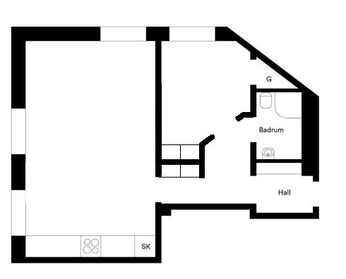 Svartvit planritning av en lägenhet med hall, badrum, garderob och markerade möbler.