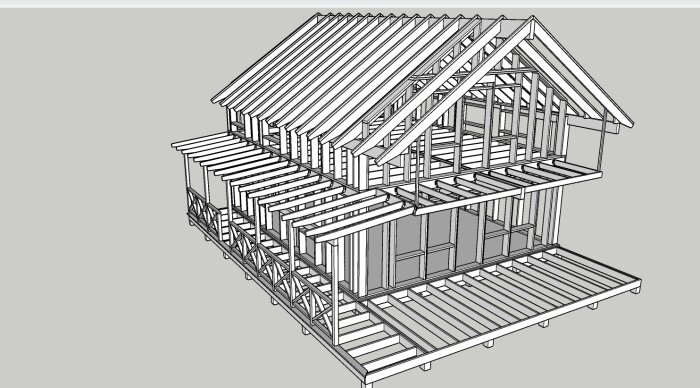 Svartvit ritning av ett trähus i snitt, med synlig stomkonstruktion, två våningar, veranda och sadeltak.