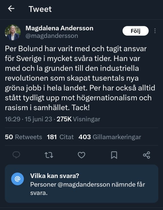 En skärmdump av en Twitter-post av Magdalena Andersson som hyllar Per Bolunds insatser och kamp mot rasism.