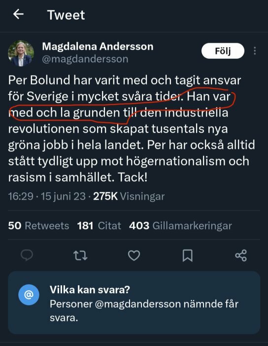 En skärmdump av ett Twitter-inlägg med ett cirkulerat textstycke.