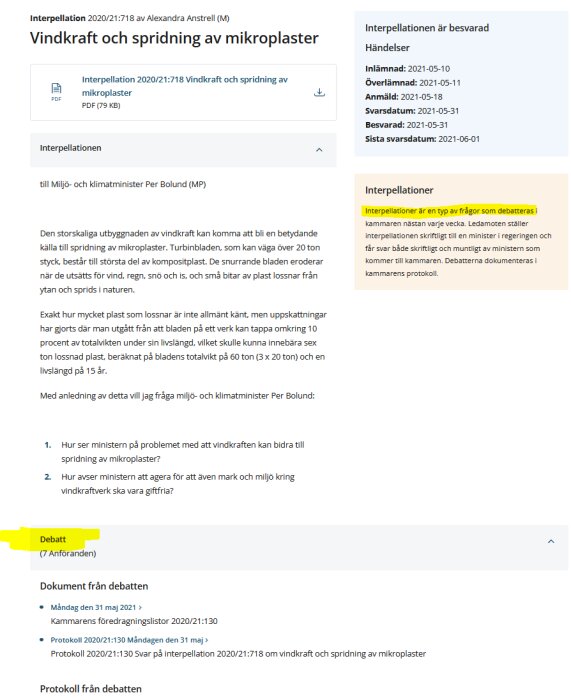 Svensk politisk dokument om vindkraft, miljö, interpellation till klimatminister, mikroplaster, debatt, offentlig handling.