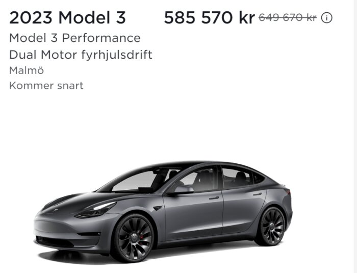 En grå Tesla Model 3 Performance, fyrahjulsdrift, annonseras i Malmö, prisnedsatt och snart tillgänglig.