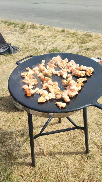 Kött steks på cirkulär utomhusgrill; troligen social tillställning, matlagning utomhus, soligt väder.