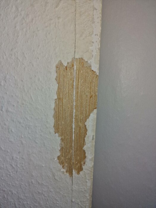 Vägg med färg som flagnar och exponerar underliggande lager eller material.