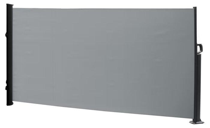 En grå skärmvägg på två svarta stativ, isolerad mot vit bakgrund.