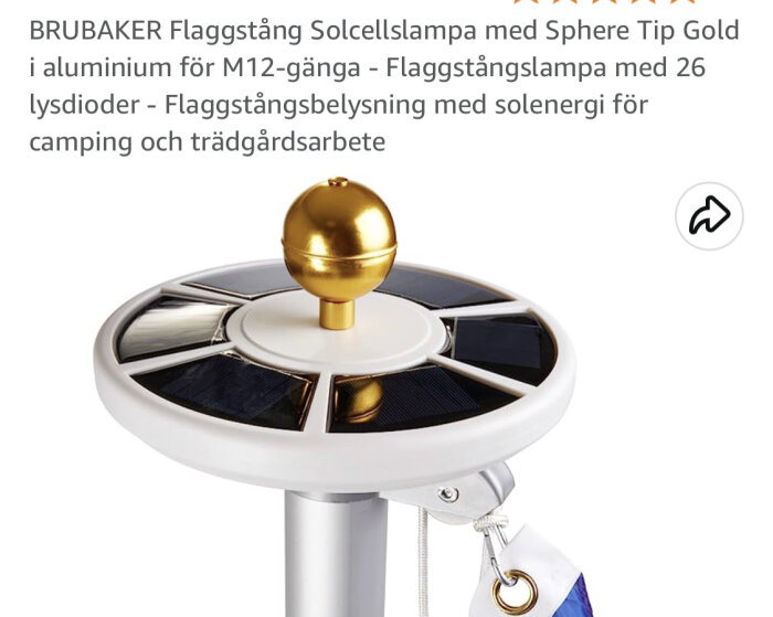 Solcellslampa för flaggstång med guldkula, vit ram, solpaneler, LED-lampor, aluminiumkonstruktion, för trädgårdscamping.