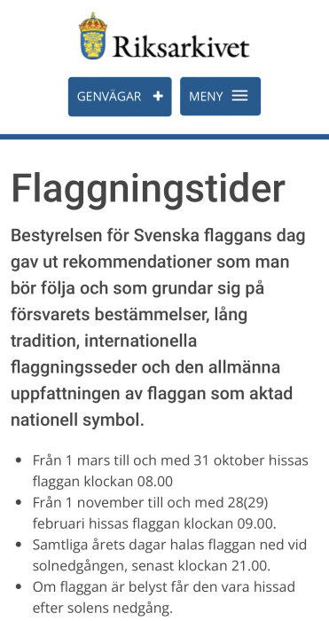 Webbsida om flaggningstider i Sverige, med rekommendationer och regler för flagghissning. Riksvapen högst upp.