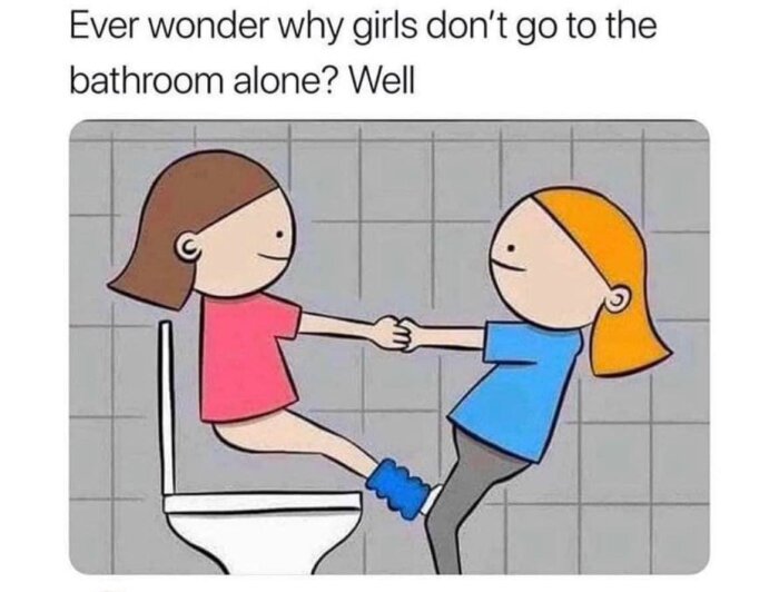 Två tecknade figurer i en humoristisk bild som håller varandra i händerna över en toalettstol.