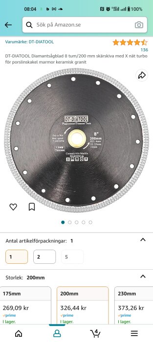 En skärmbild av en diamantsågklinga för försäljning på Amazon med pris och produktspecifikationer.