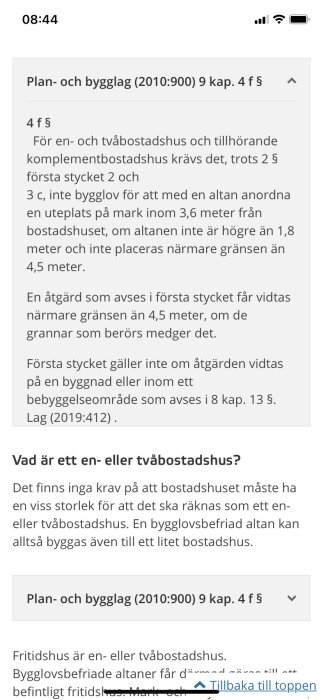 Svensk text om bygglagstiftning gällande altaner för en- och tvåbostadshus, lagkrav och bygglov.