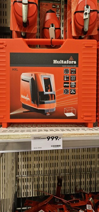 Verktygslåda med Hultafors krysslaser, designad i Sverige, 20 m räckvidd. Pris: 999 SEK.