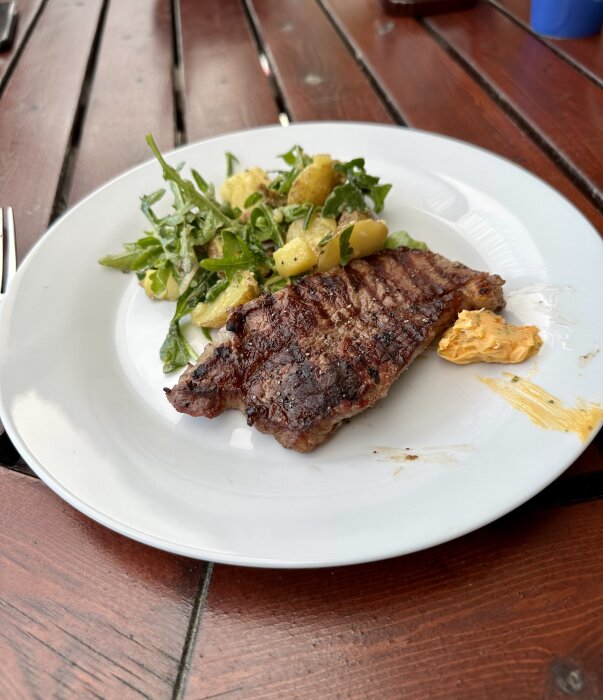 Grillat köttstycke på vit tallrik med sallad, potatis och sås, serverad utomhus.