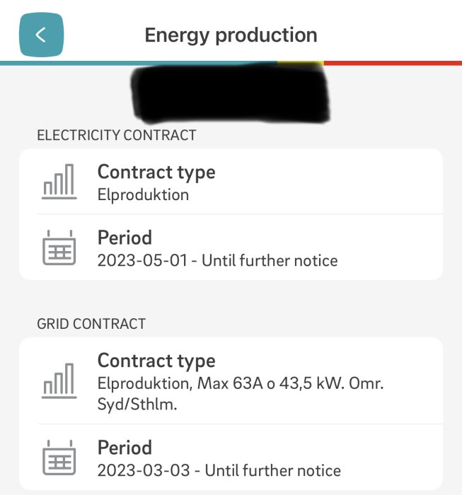 Skärmbild av energiproduktionsavtal, två kontraktstyper listade, tidsperioder specificerade, delvis censurerad.