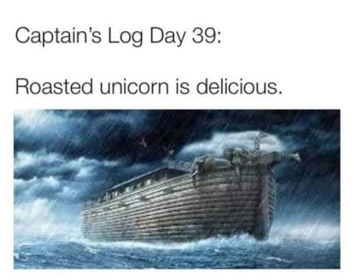 Historiskt skepp i storm, humoristisk text om enhörning som mat.