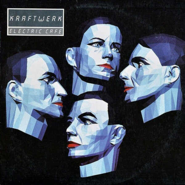 Fyra geometriska ansikten i profil mot mörk bakgrund, konstnärligt, albumomslag för "Kraftwerk - Electric Café".