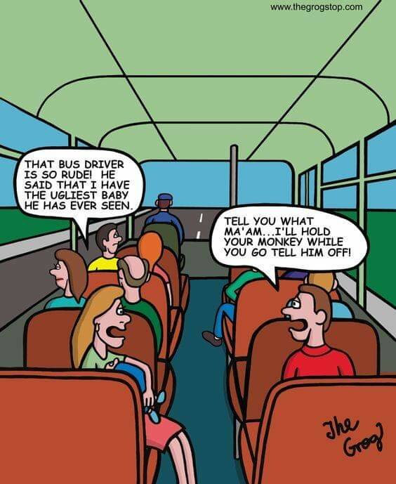 En tecknad bild av passagerare på en buss; en kvinna missförstår ett skämt.