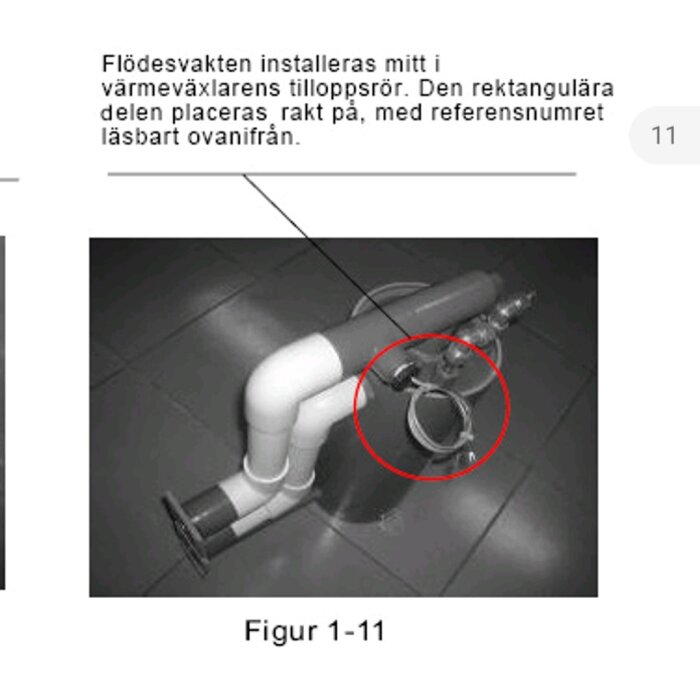 Svartvit bild, rör med flödesvakt, installationsinstruktioner, röd markering, teknisk dokumentation, figur nummer 1-11.