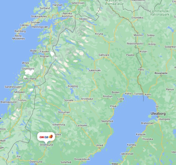 Kartbild över norra Skandinavien, visar städer och natur i Sverige, Norge, Finland.