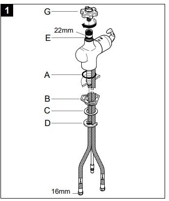 Exploded technical drawing of a mechanical assembly, possibly a valve, with labeled components and dimension annotations.