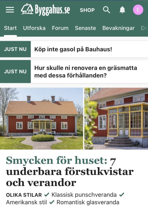 Webbsida för hemrenovering, visar traditionella hus, artikel om förstukvistar och verandor, råd om gräsmatta, varning för gasolköp.