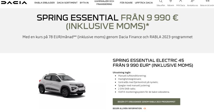 Webbsida för Dacia-bil, erbjudande om Spring Essential Electric 45 från 9990 euro, med moms, finansiering via Dacia Finance.