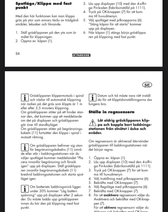 Instruktionsmanual för gräsklippare, inställningar och varningar, på svenska.