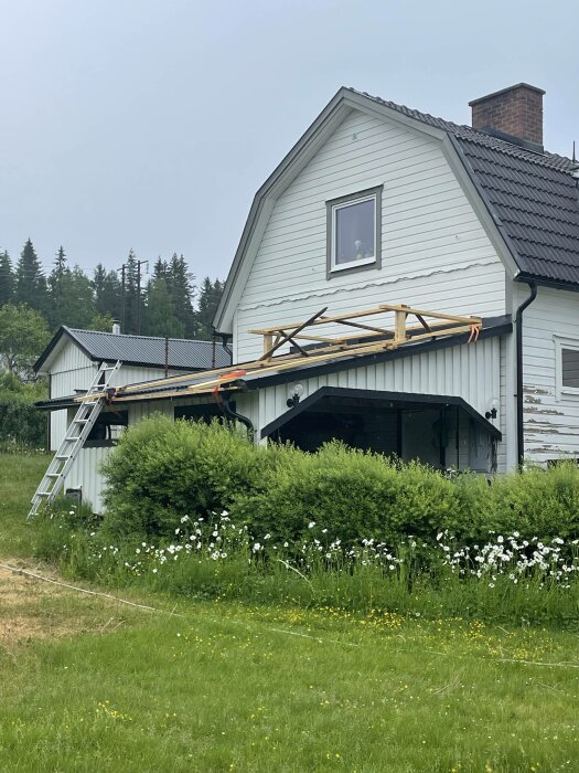 Vitt hus, svart tak, stege, byggnadsställning, grönt gräs, vita blommor, molnig himmel, ingen synlig person.