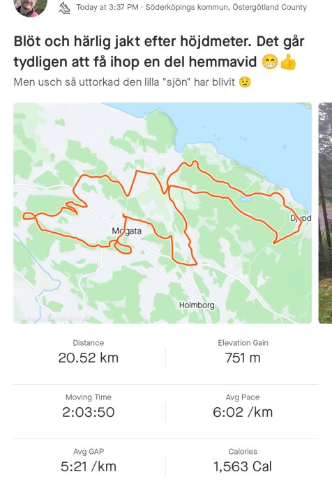 Skärmavbild av löpsträcka. 20.52 km, tid 2 timmar 3 minuter, höjdmeter 751, tempo 6:02/km.